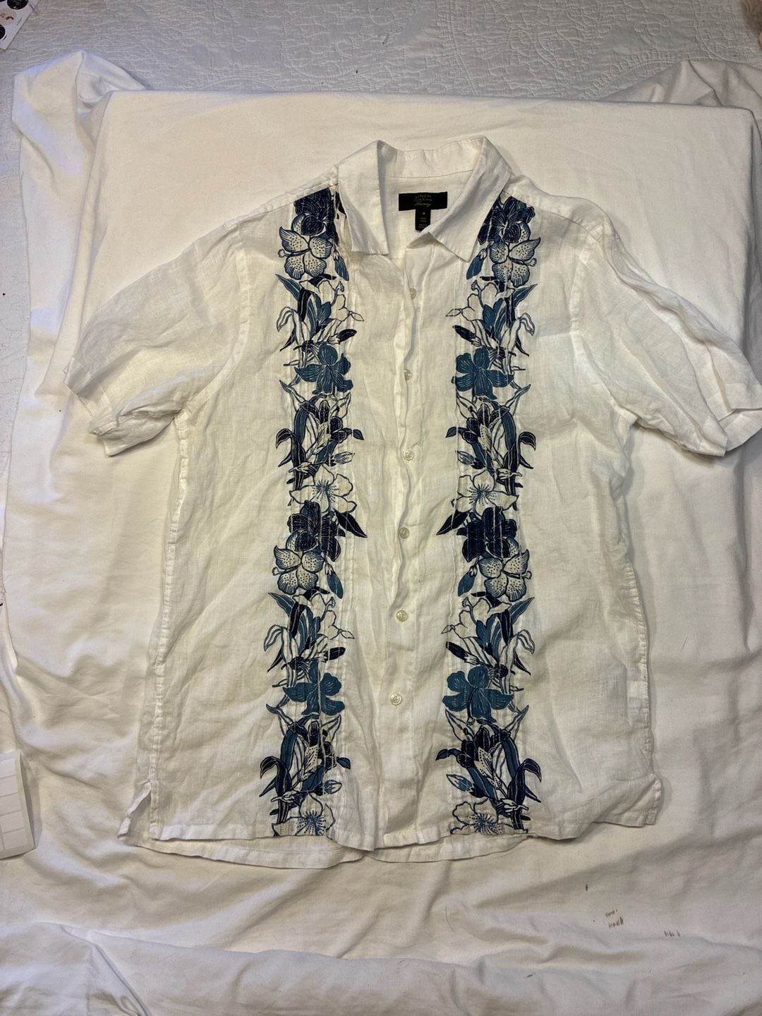Club Room Luxury 100% Linen Short Sleeve Floral Panel Guayabera Shirt Men's Size
